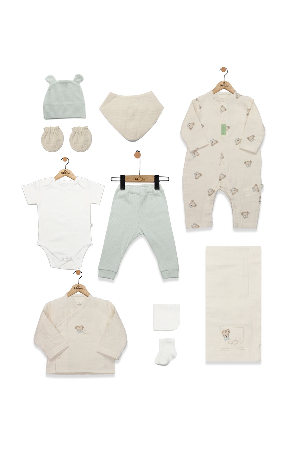 GOTS, Organik Müslin, Yenidoğan Unisex Bebek 10’lu Hastane Çıkışı, 0-3 Ay