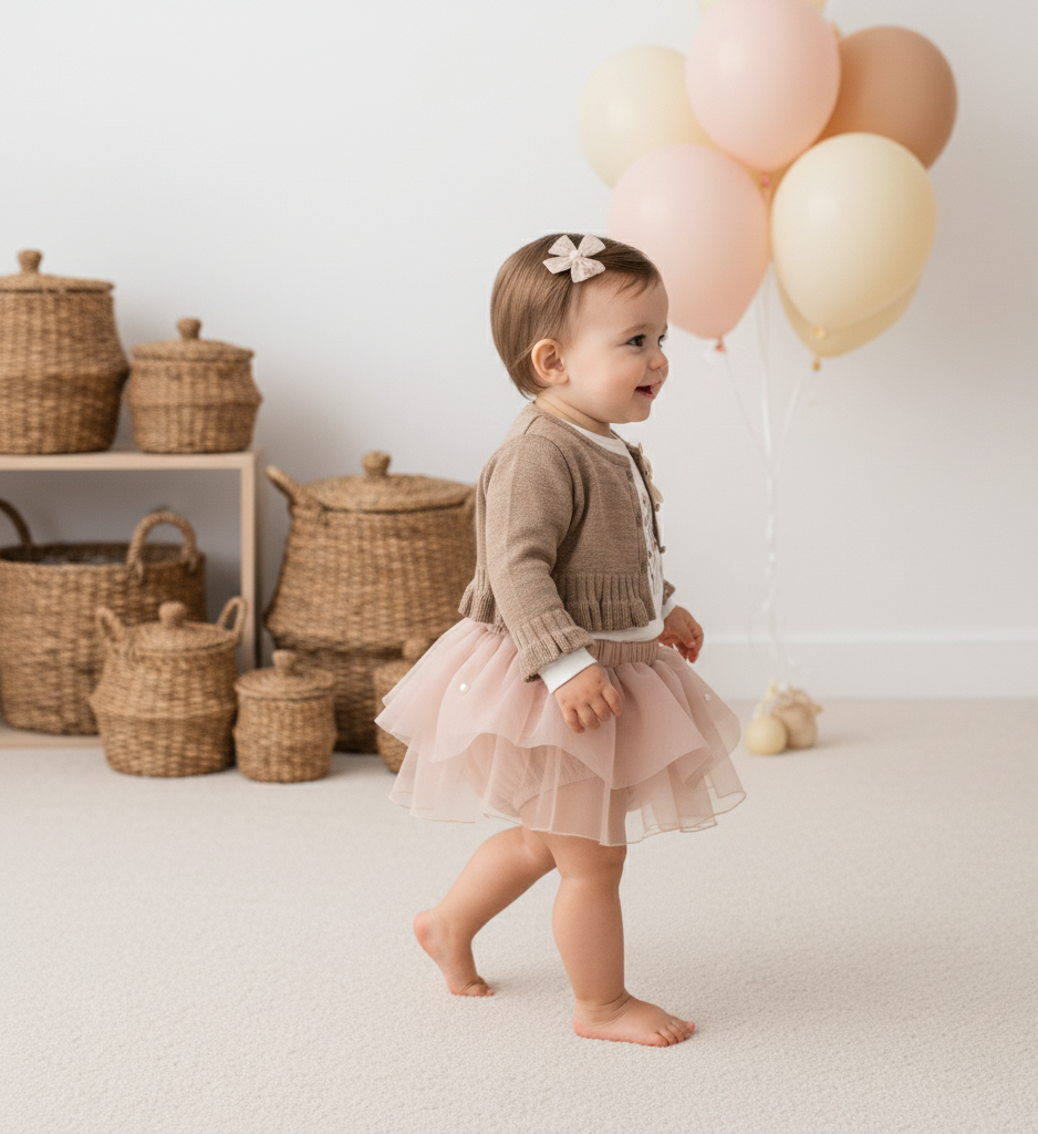 Çiçek Aplikeli 3’lü Bebek Takımı – Hırka + Tütü Etek + Uzun Kollu Üst, 3–18 Ay