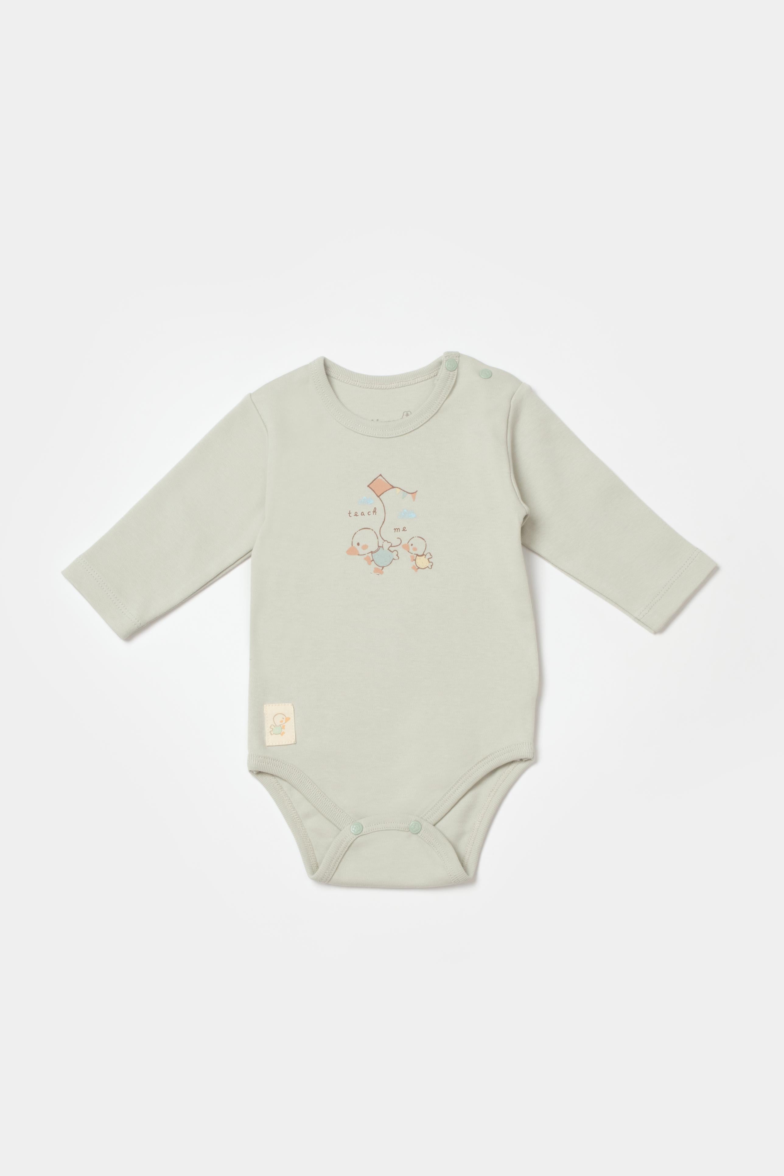 GOTS sertifikalı, organik pamuklu Teach Me temalı unisex uzun kollu bebek body – 0-24 ay arası kullanım için uygundur, yumuşak ve nefes alabilir yapıya sahiptir