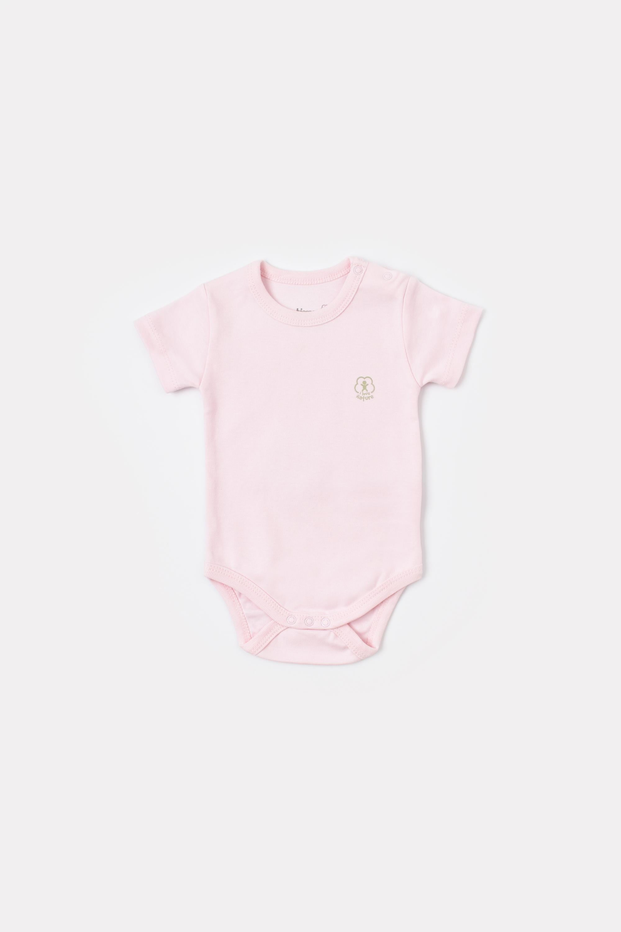 GOTS sertifikalı, organik pamuklu Basic Nature ve pembe desenli kız bebek kısa kollu body – 0-24 ay arası kullanım için uygundur.