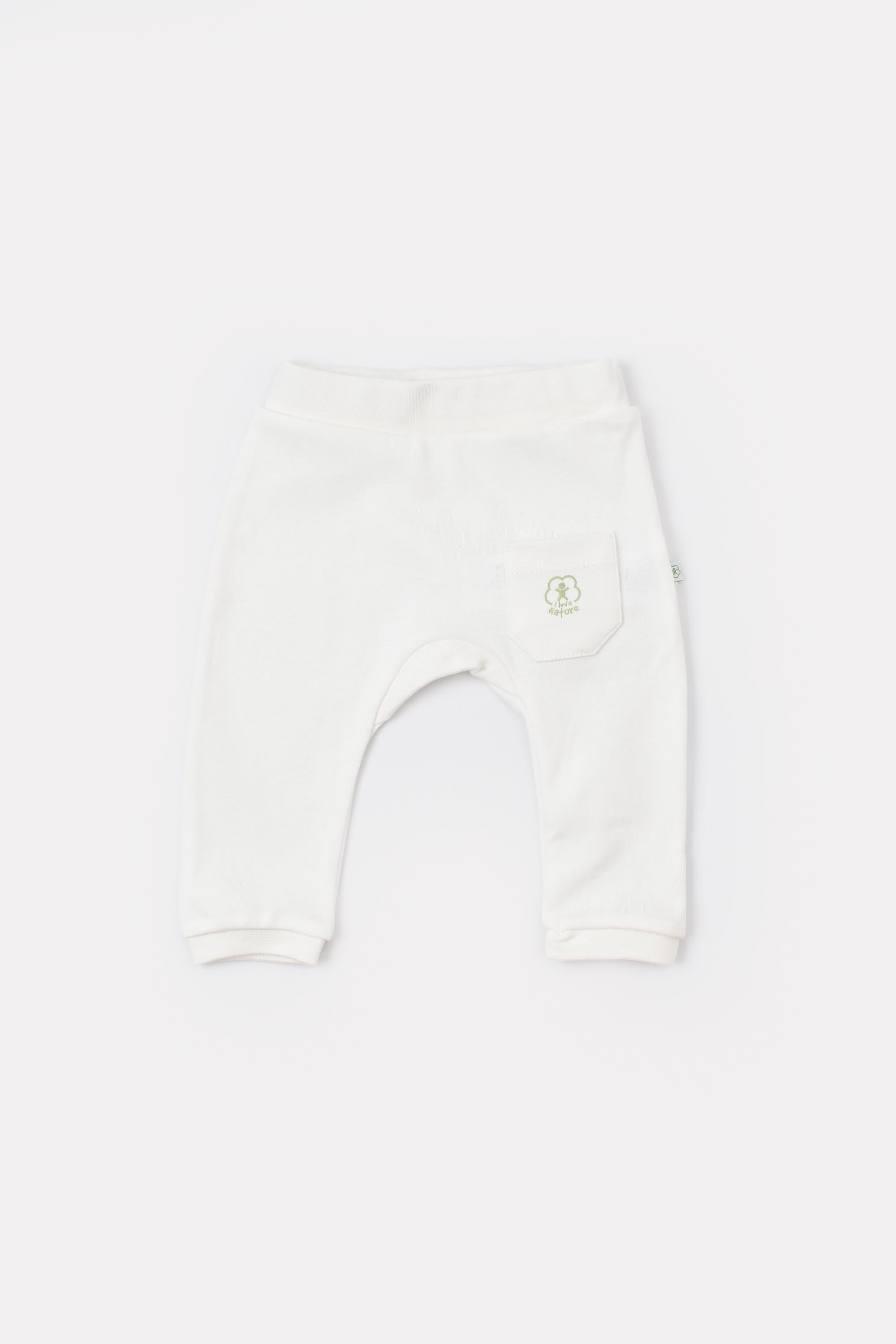 GOTS sertifikalı, organik pamuklu Basic Nature desenli unisex bebek patiksiz tek alt – 0-12 ay arası bebekler için rahat ve nefes alabilir kumaş.
