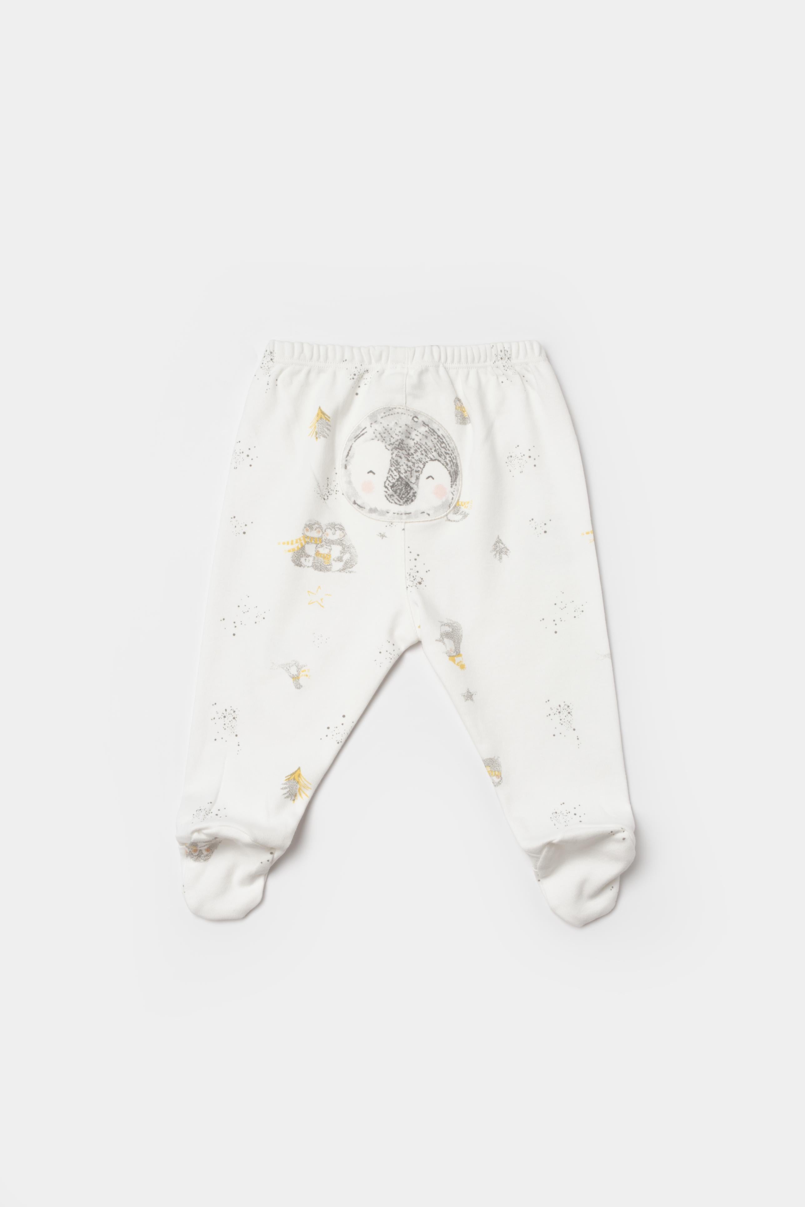 GOTS sertifikalı, organik pamuklu Penguin Club temalı unisex patikli tek alt – 0-12 ay arası bebekler için yumuşak, rahat ve doğal kumaşlı.