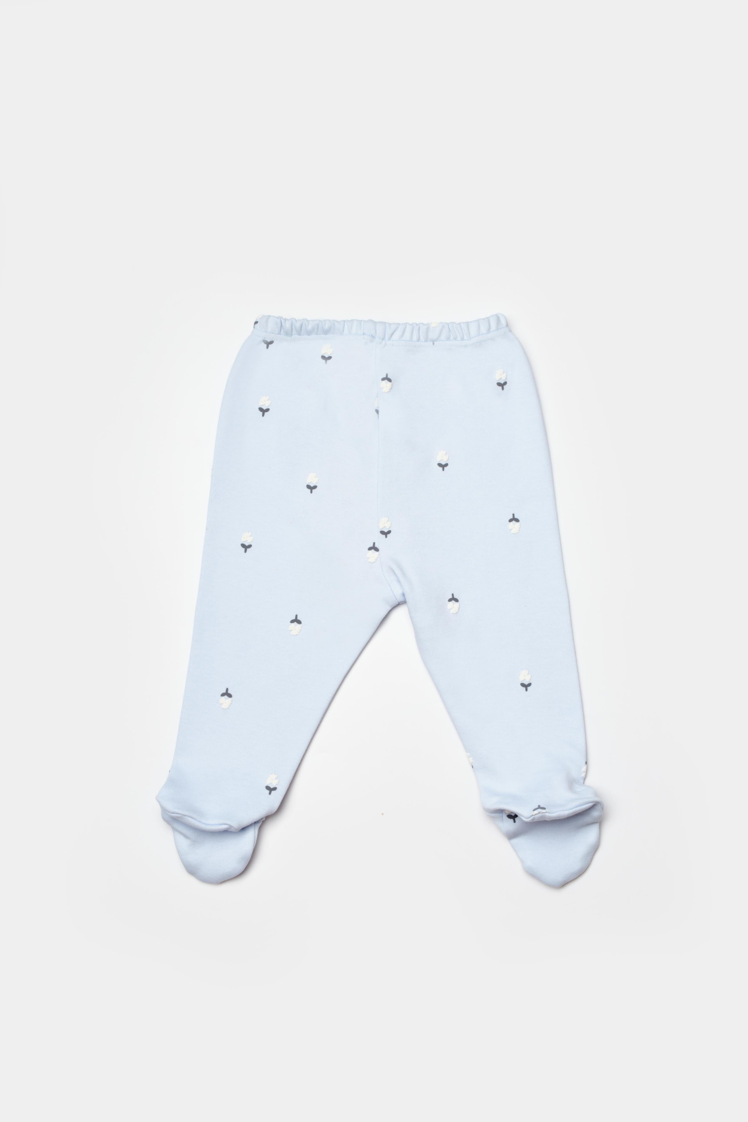 GOTS sertifikalı, organik pamuklu Love Floral temalı, lila renkli unisex patikli bebek alt giysisi – 0-12 ay arası kullanım için uygundur, yumuşak ve doğal kumaşlıdır.
