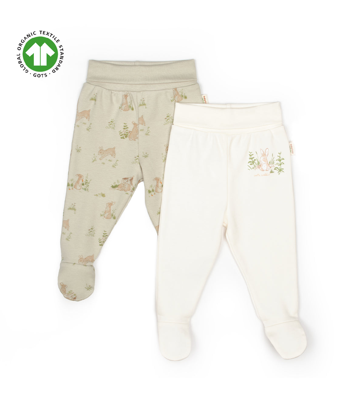 GOTS Certified, Organic, Unisex 0-9 Months Rabbit 2-Pack Footed Single Bottoms