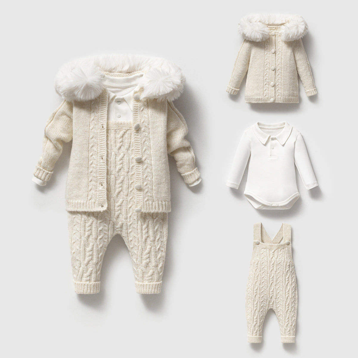 Yünlü, Örgü Desenli Salopetli 3’lü Unisex Bebek Takım, 0–12 Ay