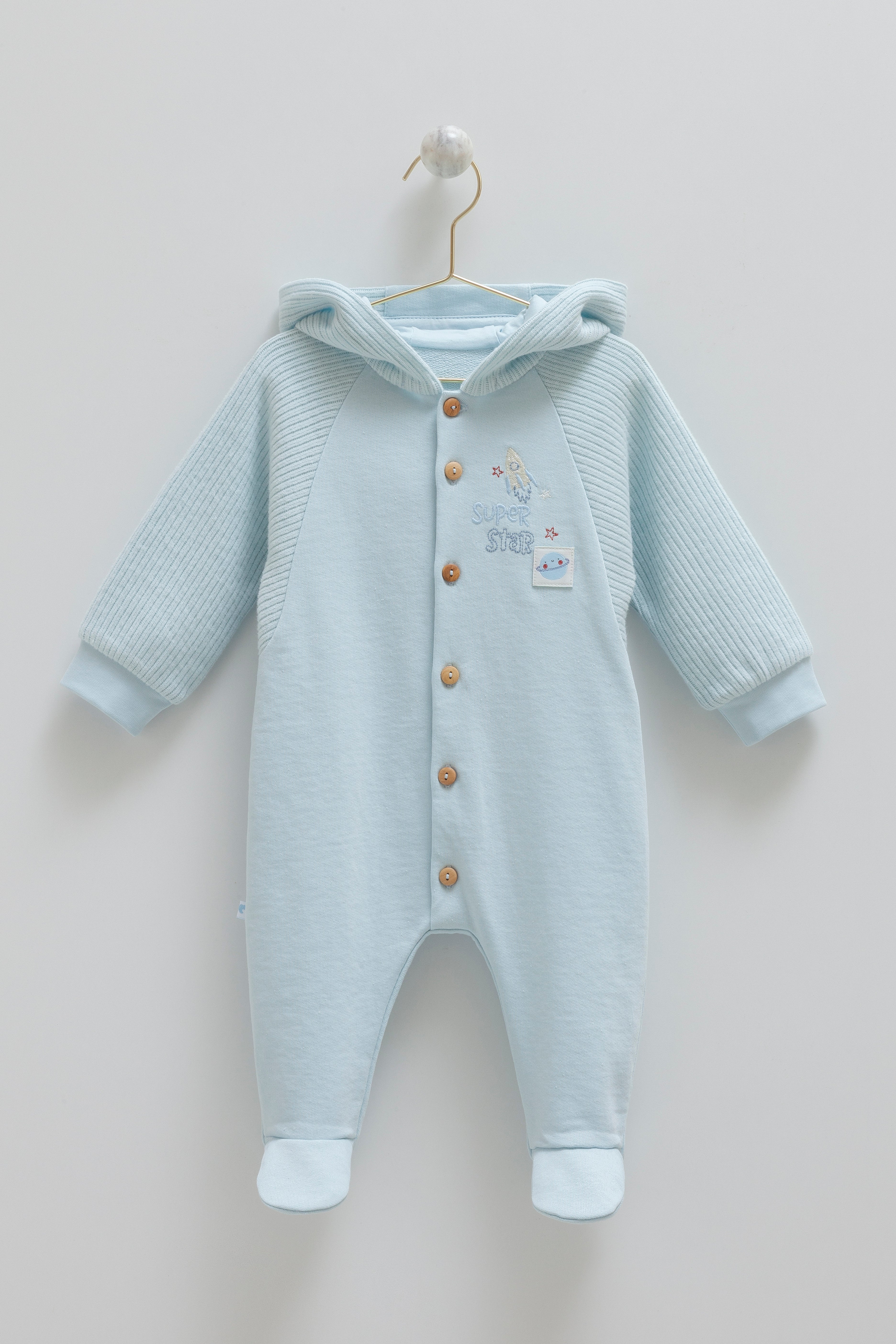 OEKO TEX Sertifikalı, %100 Pamuk, Erkek , Kapüşonlu Tulum, 3-12 Ay