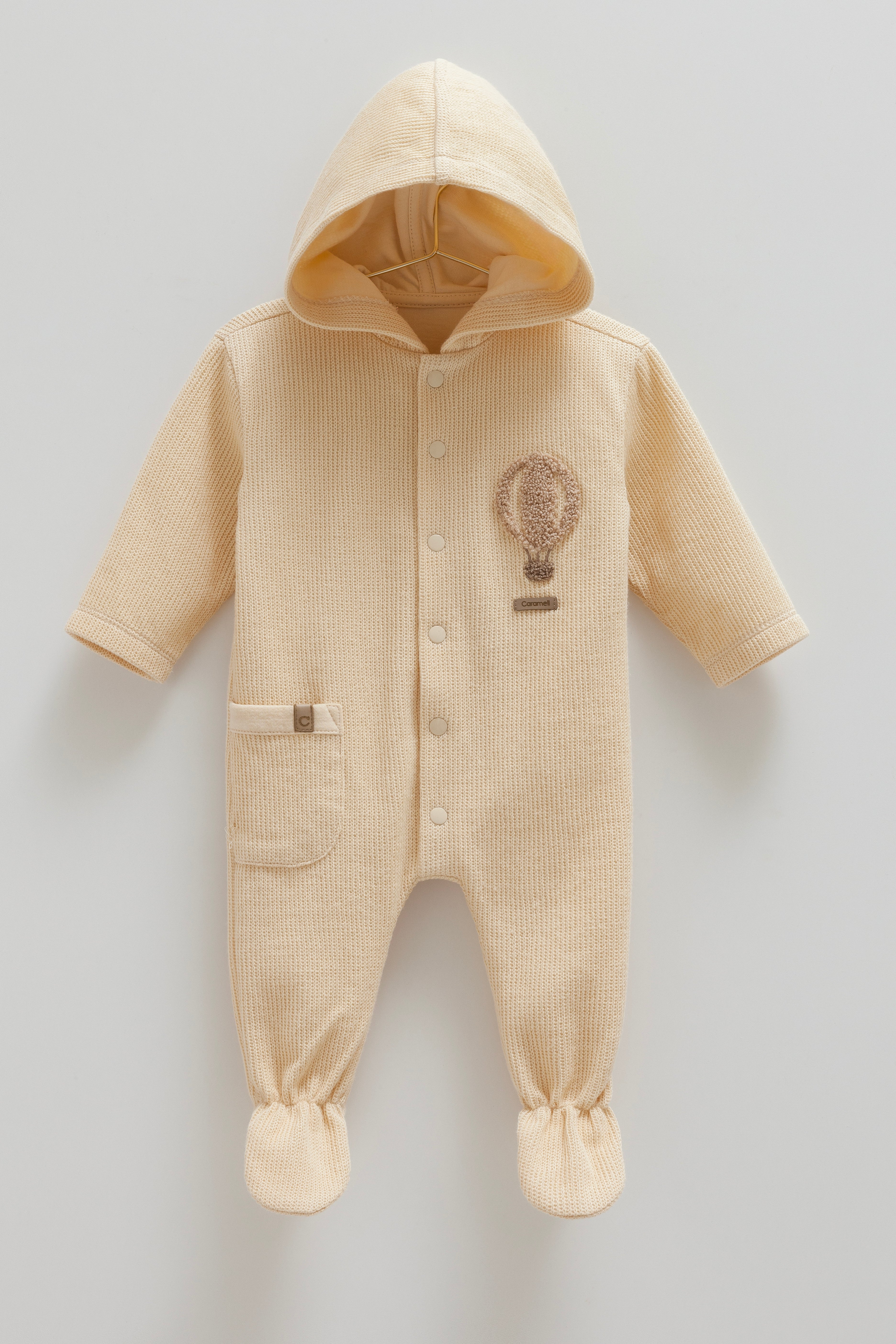 OEKO TEX Sertifikalı, %100 Pamuk, Unisex,Kapüşonlu Triko Tulum, 0-12 Ay