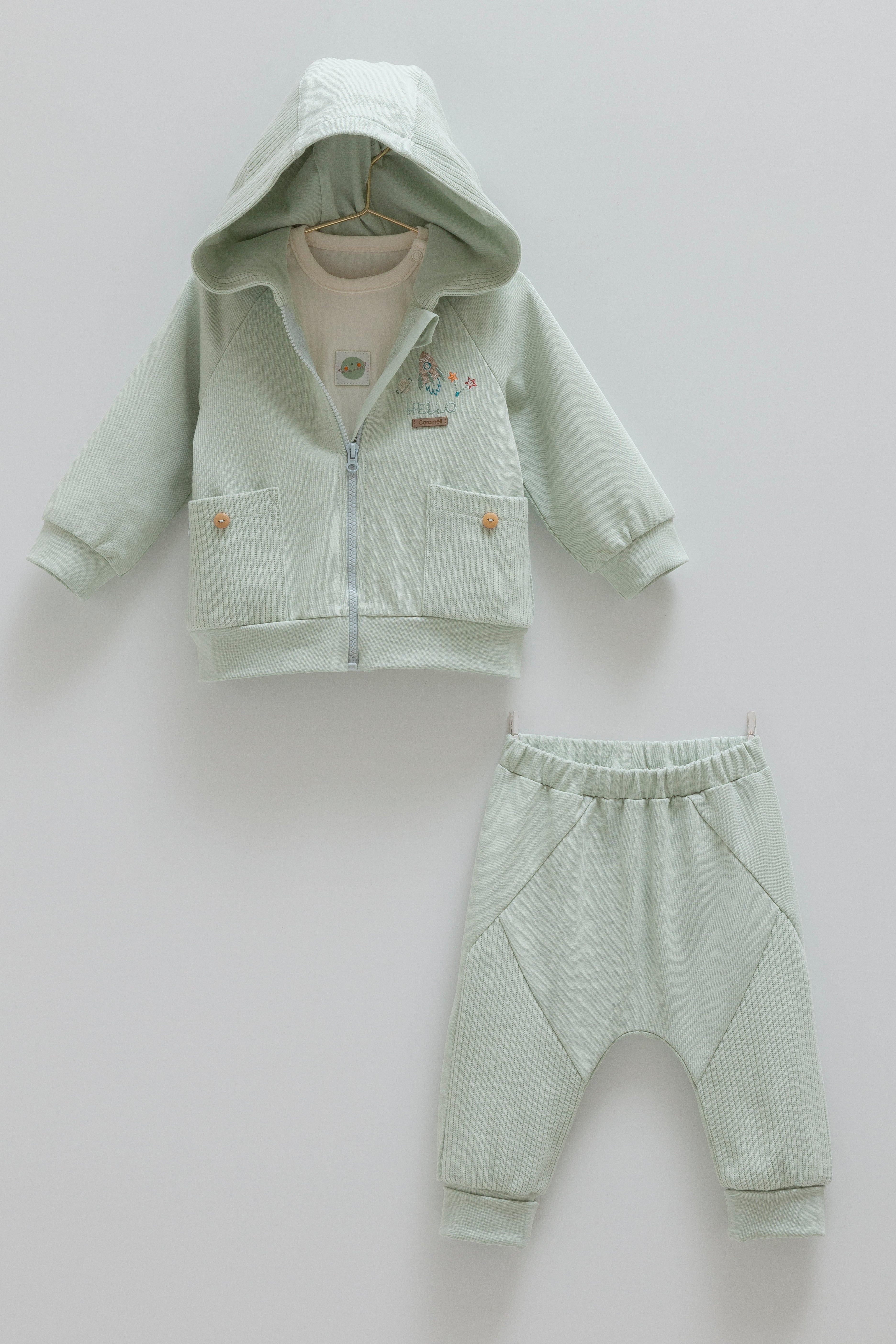 OEKO TEX Sertifikalı, %100 Pamuklu, Erkek, Kapüşonlu 3’lü Bebek Takım , 3–18 Ay