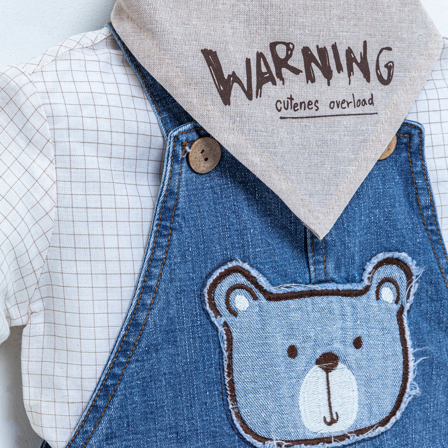 Pamuklu Bebek Denim Ayı Desenli Tulum Takım , 6-18 Ay