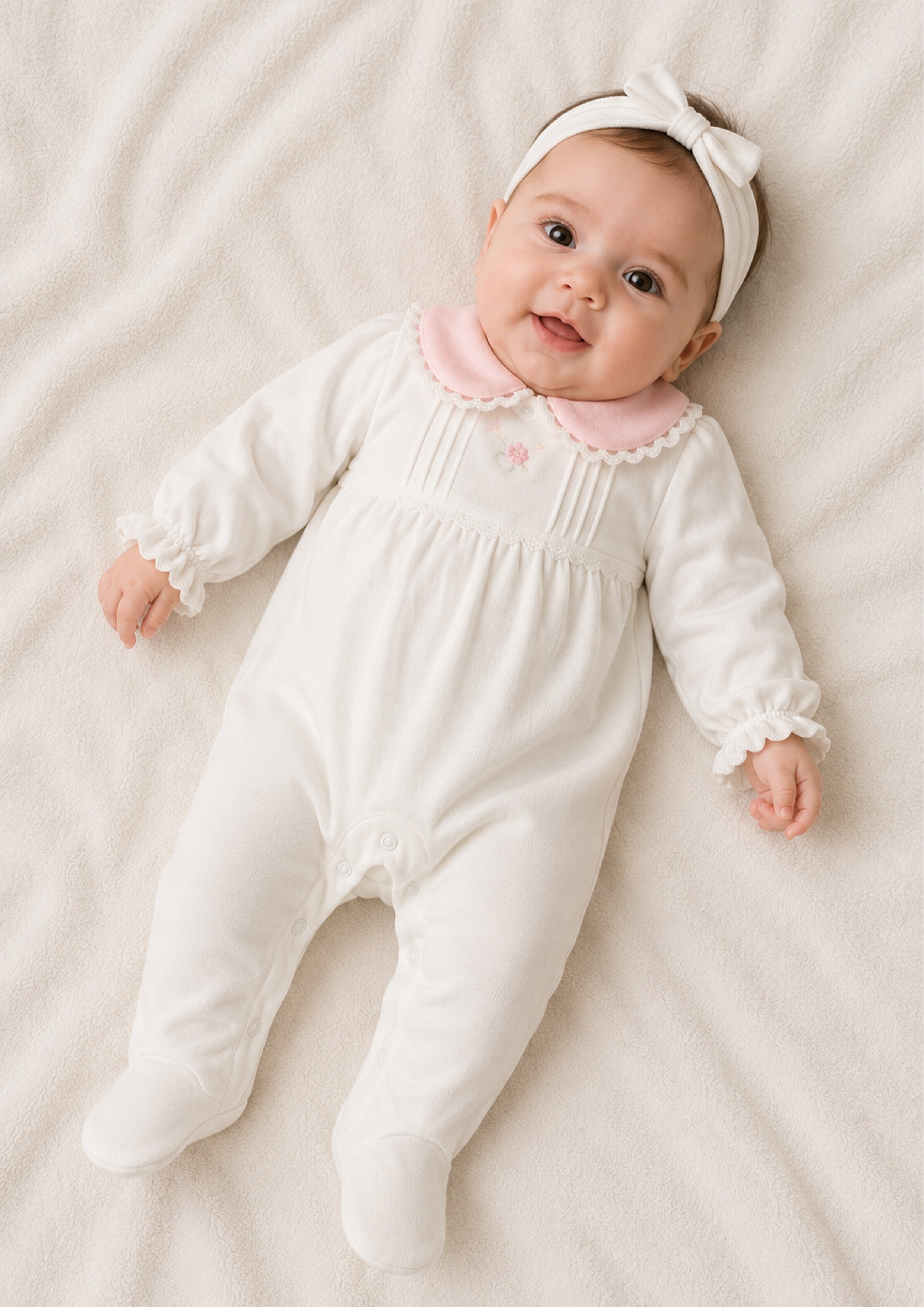 GOTS sertifikalı organik pamuk kız bebek tulum 0-9 ay pembe yakalı dantel detaylı krem