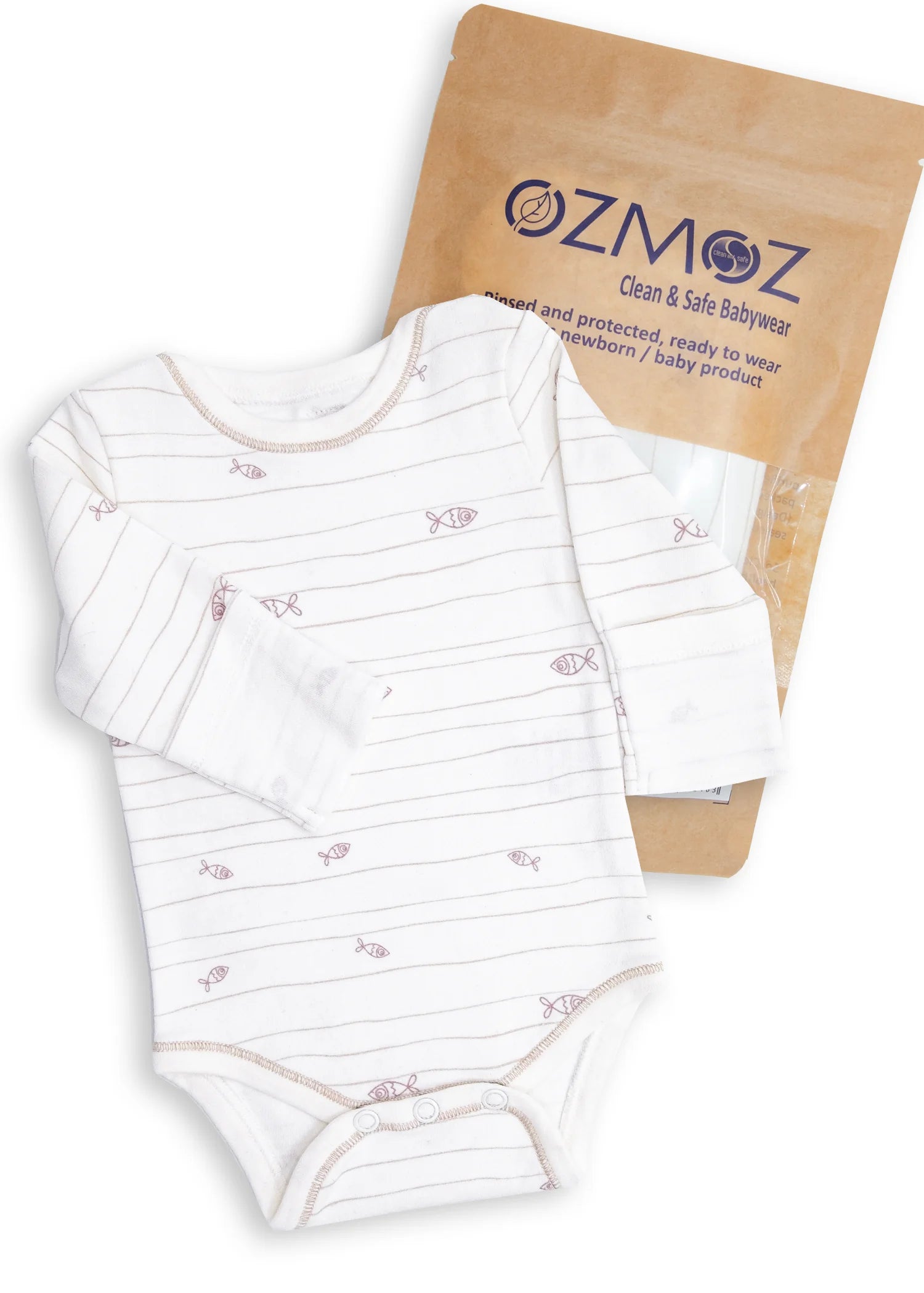 GOTS sertifikalı, organik pamuklu unisex bebek body – balık desenli, steril ve hijyenik ambalajda sunulur; yumuşak dokulu ve hassas ciltler için idealdir.