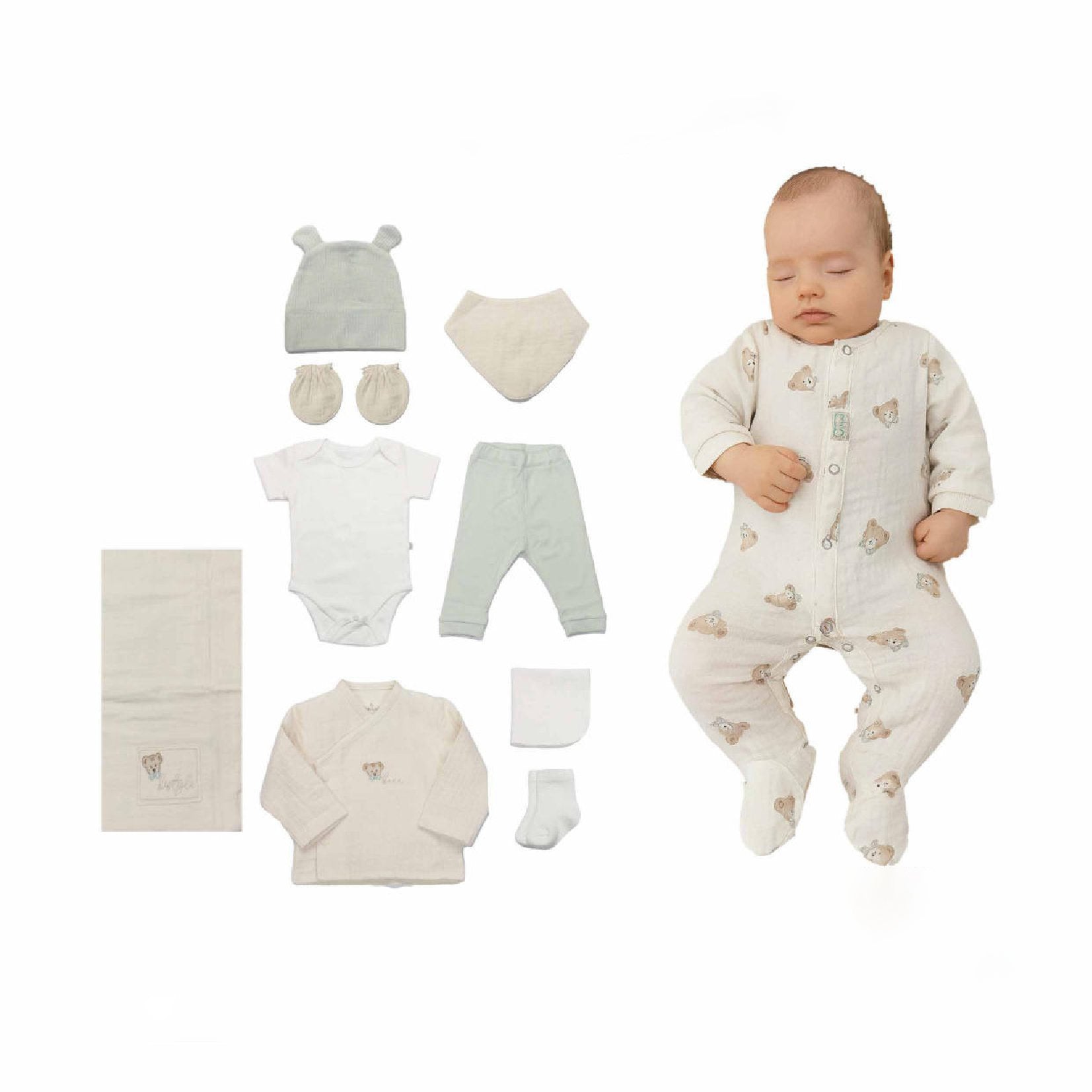GOTS, Organik Müslin, Yenidoğan Unisex Bebek 10’lu Hastane Çıkışı, 0-3 Ay