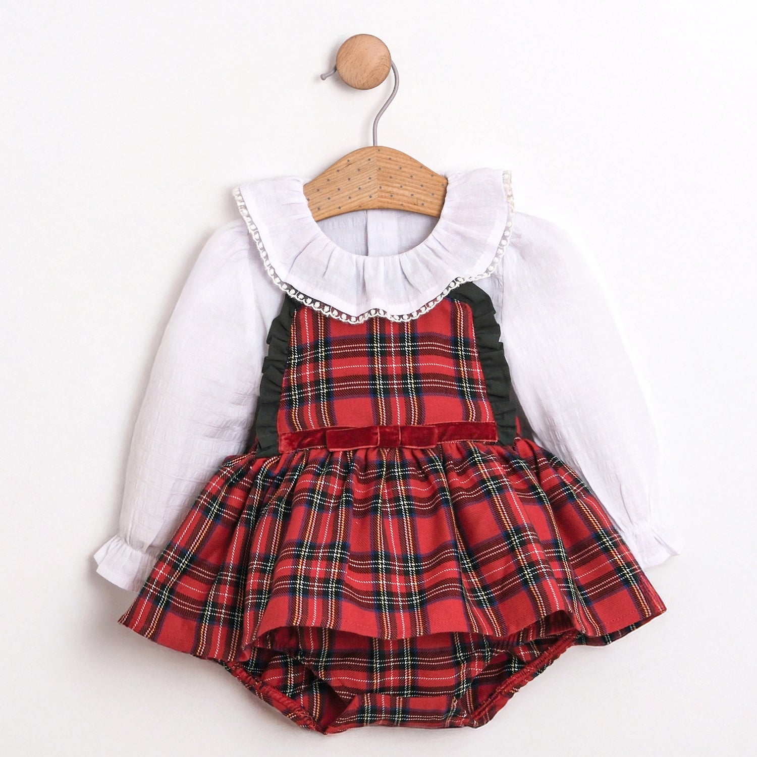 Yılbaşı, Ekose Desenli Elbise Tulum – Uzun Kollu, Fırfır Yakalı Kız Çocuk, 6-24 AY