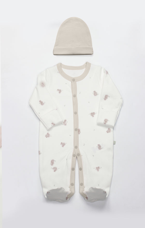 GOTS, Organik, Unisex, Tavşan Desenli, Bebek Tulum Şapkalı, Yenidoğan, 0-6 Ay