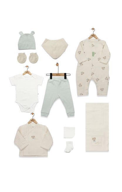 GOTS, Organik Müslin, Yenidoğan Unisex Bebek 10’lu Hastane Çıkışı, 0-3 Ay