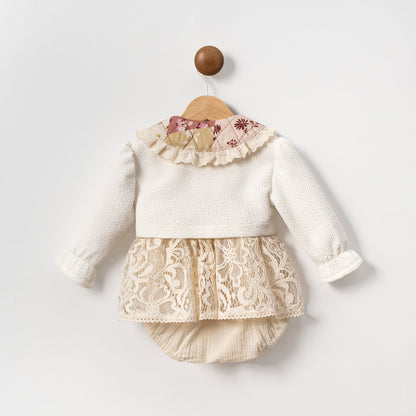 Dantel Detaylı 2’li Kız Bebek Takımı – Hırka + Dantel Elbise Body , 3–18 Ay