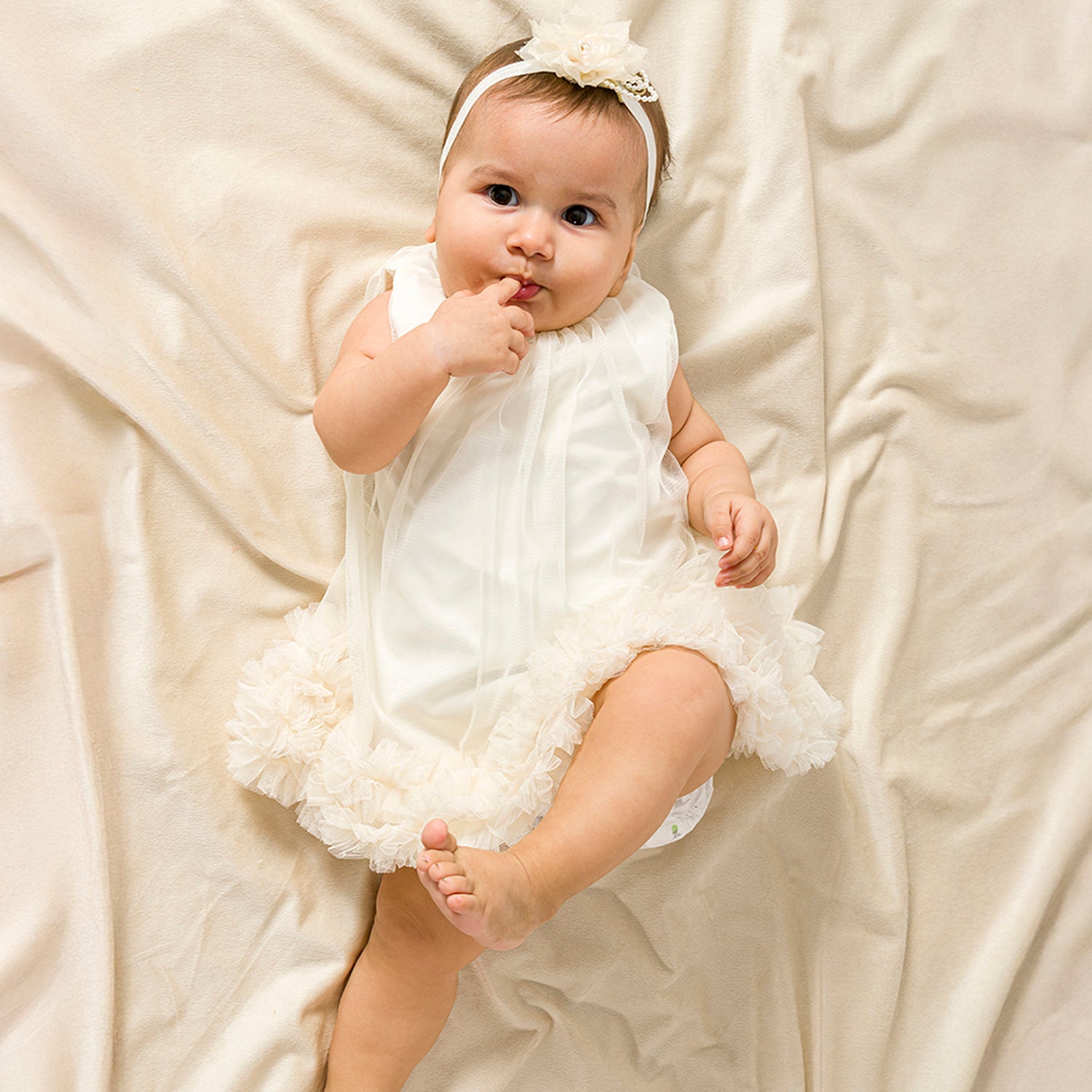 Saç Bandanalı, Tüllü, Büzgülü,  Özel Gün Kız Bebek Elbisesi ,  9-24 Ay