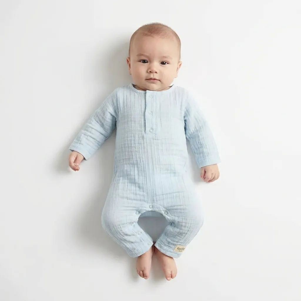 GOTS, Organik, 4 Kat Müslin, Uzun Kollu Unisex Tulum, 0-24 Ay