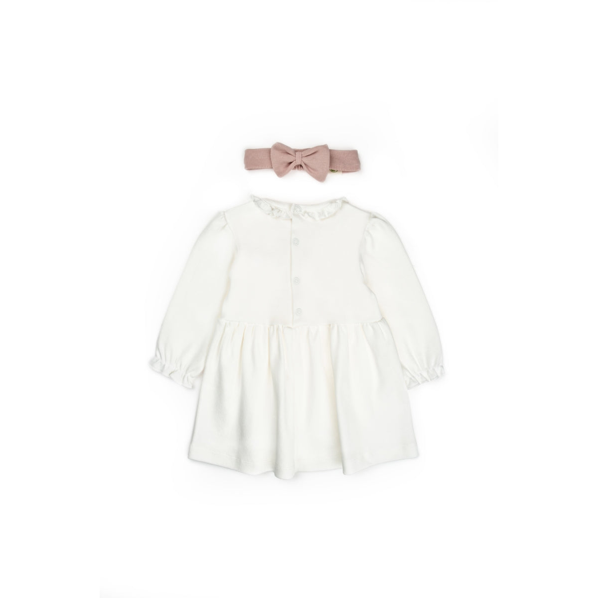 GOTS Sertifikalı, Organik, Pembe Fiyonk, Bandanalı, Kız, Elbise, 3-24 Ay