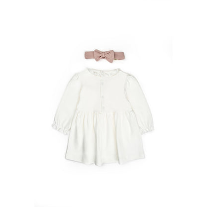 GOTS Sertifikalı, Organik, Pembe Fiyonk, Bandanalı, Kız, Elbise, 3-24 Ay