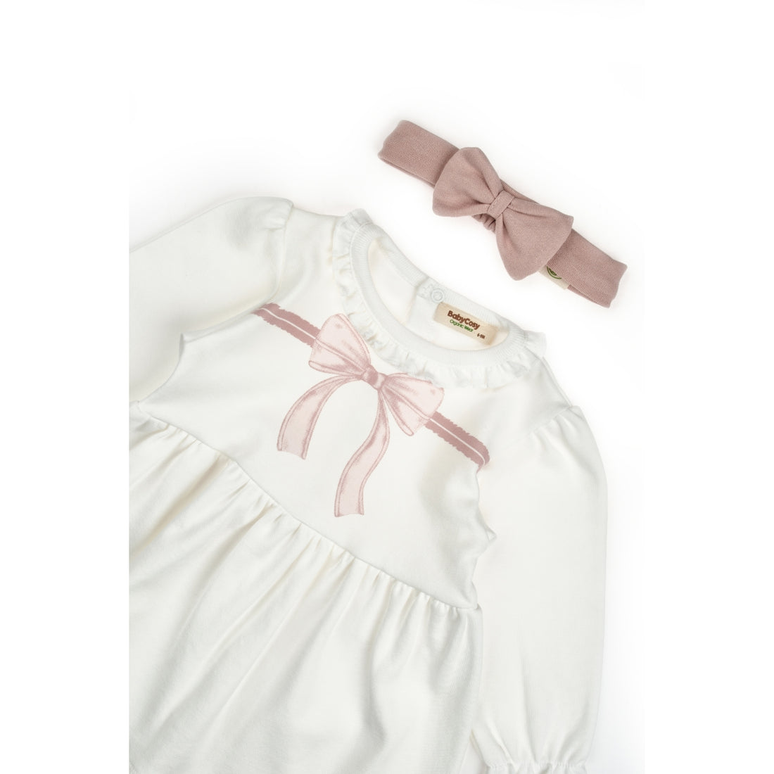 GOTS Sertifikalı, Organik, Pembe Fiyonk, Bandanalı, Kız, Elbise, 3-24 Ay