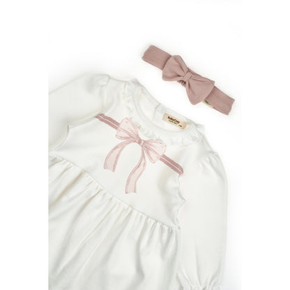 GOTS Sertifikalı, Organik, Pembe Fiyonk, Bandanalı, Kız, Elbise, 3-24 Ay