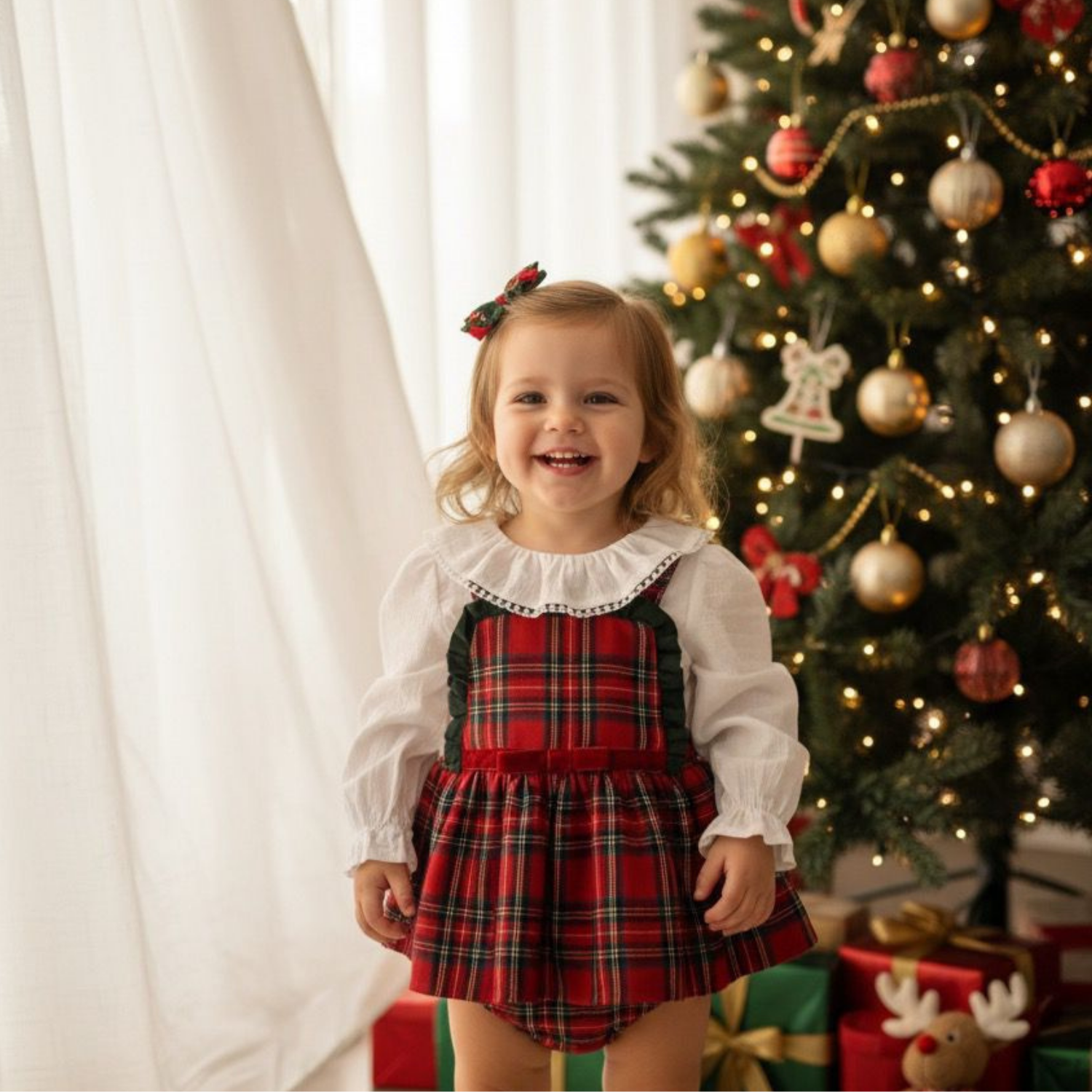 Yılbaşı, Ekose Desenli Elbise Tulum – Uzun Kollu, Fırfır Yakalı Kız Çocuk, 6-24 AY