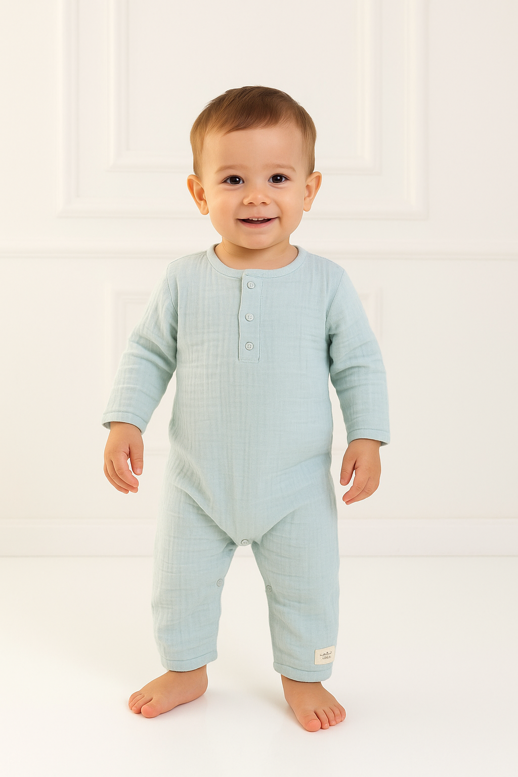 GOTS Sertifikalı, Organik, 4 Kat Müslin, Uzun Kollu Unisex Tulum, 0-24 Ay