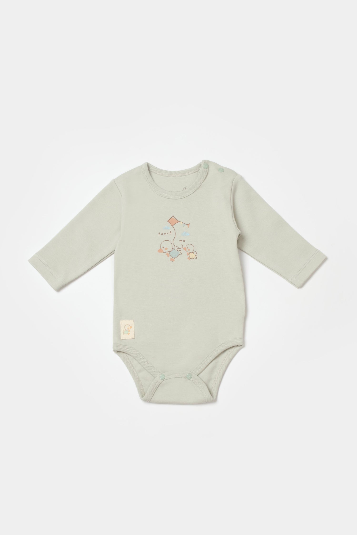 GOTS sertifikalı, organik pamuklu Teach Me temalı unisex uzun kollu bebek body – 0-24 ay arası kullanım için uygundur, yumuşak ve nefes alabilir yapıya sahiptir
