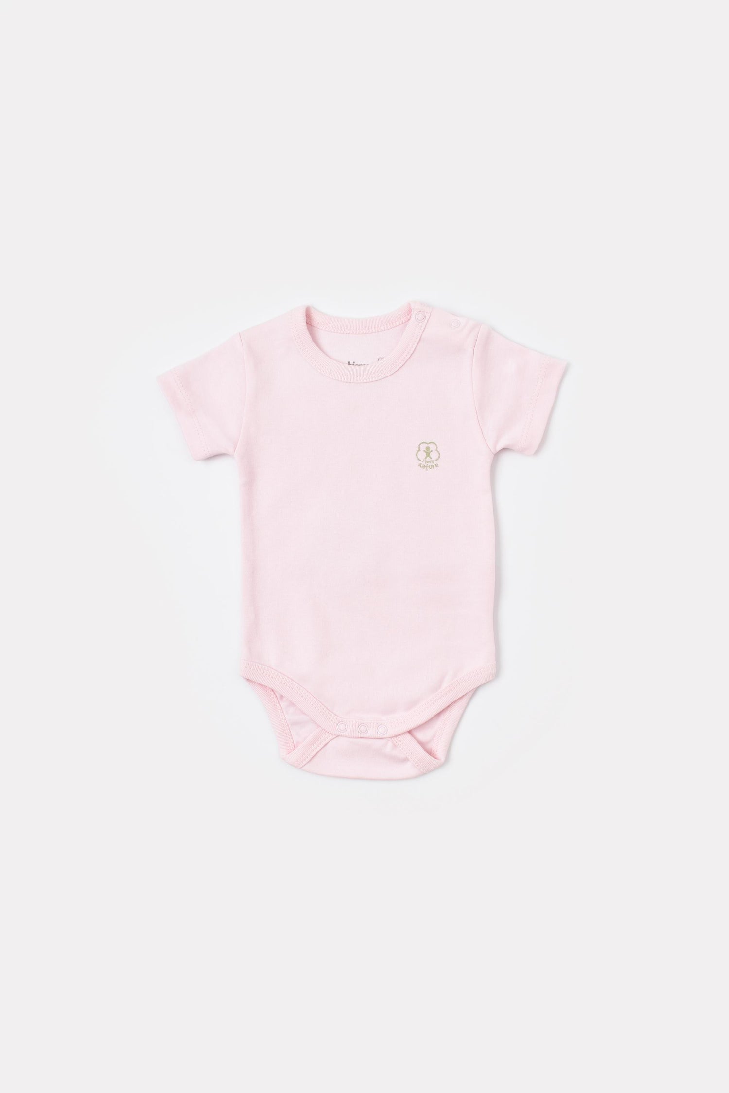 GOTS sertifikalı, organik pamuklu Basic Nature ve pembe desenli kız bebek kısa kollu body – 0-24 ay arası kullanım için uygundur.
