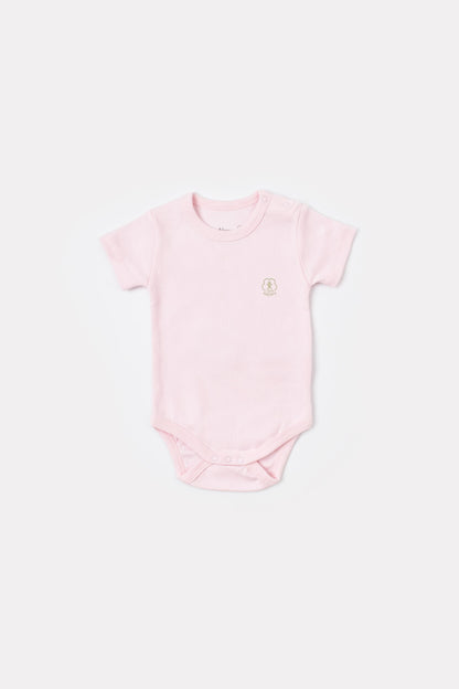 GOTS sertifikalı, organik pamuklu Basic Nature ve pembe desenli kız bebek kısa kollu body – 0-24 ay arası kullanım için uygundur.