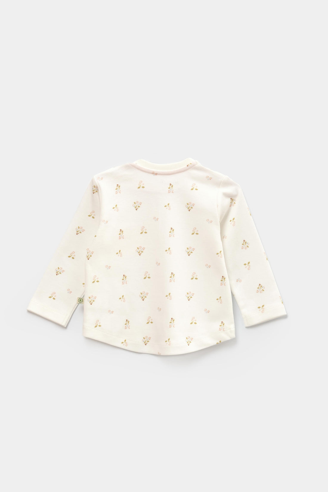 GOTS sertifikalı, organik pamuklu çiçek desenli kız bebek sweatshirt – 6-36 ay arası kullanım için uygun, yumuşak dokulu ve rahat kalıplı.