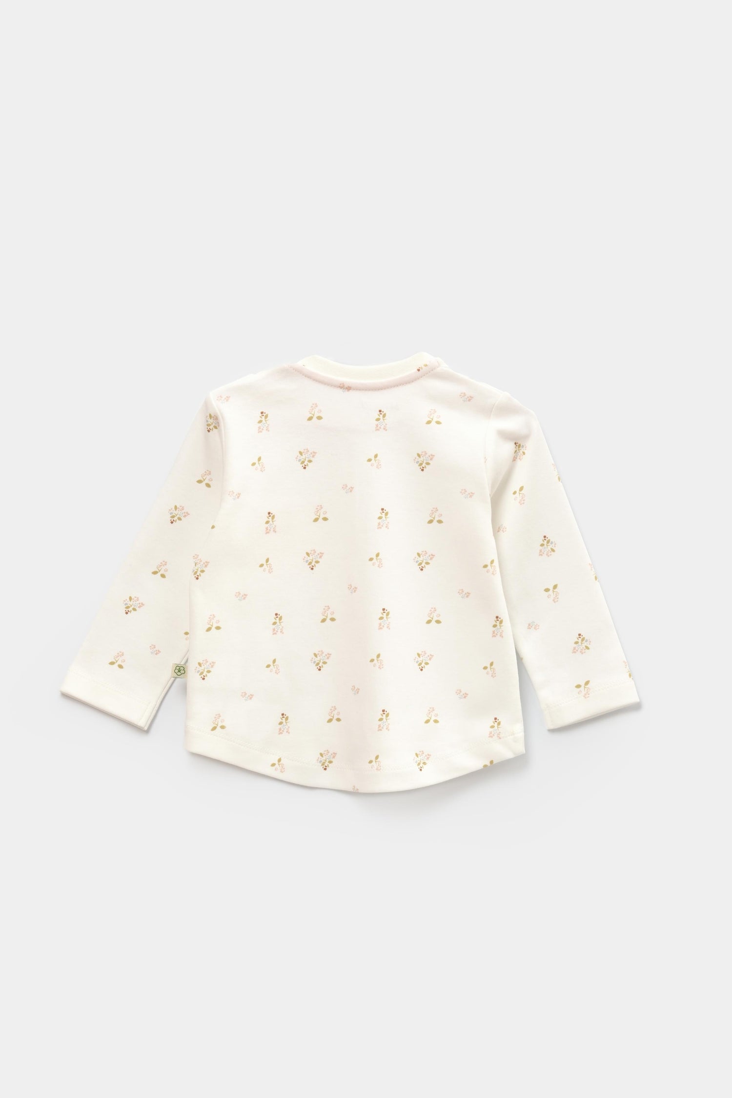 GOTS sertifikalı, organik pamuklu çiçek desenli kız bebek sweatshirt – 6-36 ay arası kullanım için uygun, yumuşak dokulu ve rahat kalıplı.
