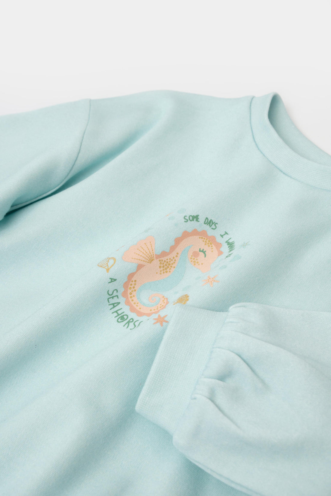 GOTS sertifikalı, organik pamuklu unisex bebek sweatshirt – 6-36 ay arası kullanım için uygun, yumuşak dokulu ve rahat kalıplı. sevimli denizatı desenli