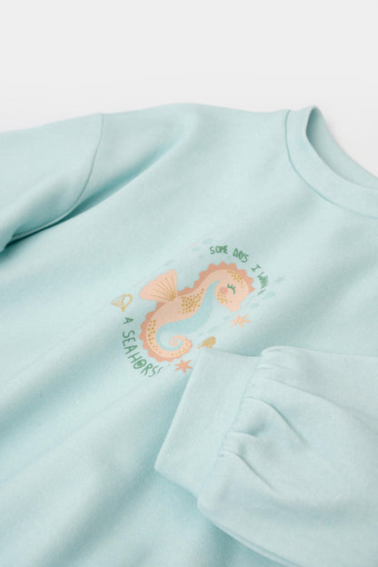 GOTS sertifikalı, organik pamuklu unisex bebek sweatshirt – 6-36 ay arası kullanım için uygun, yumuşak dokulu ve rahat kalıplı. sevimli denizatı desenli