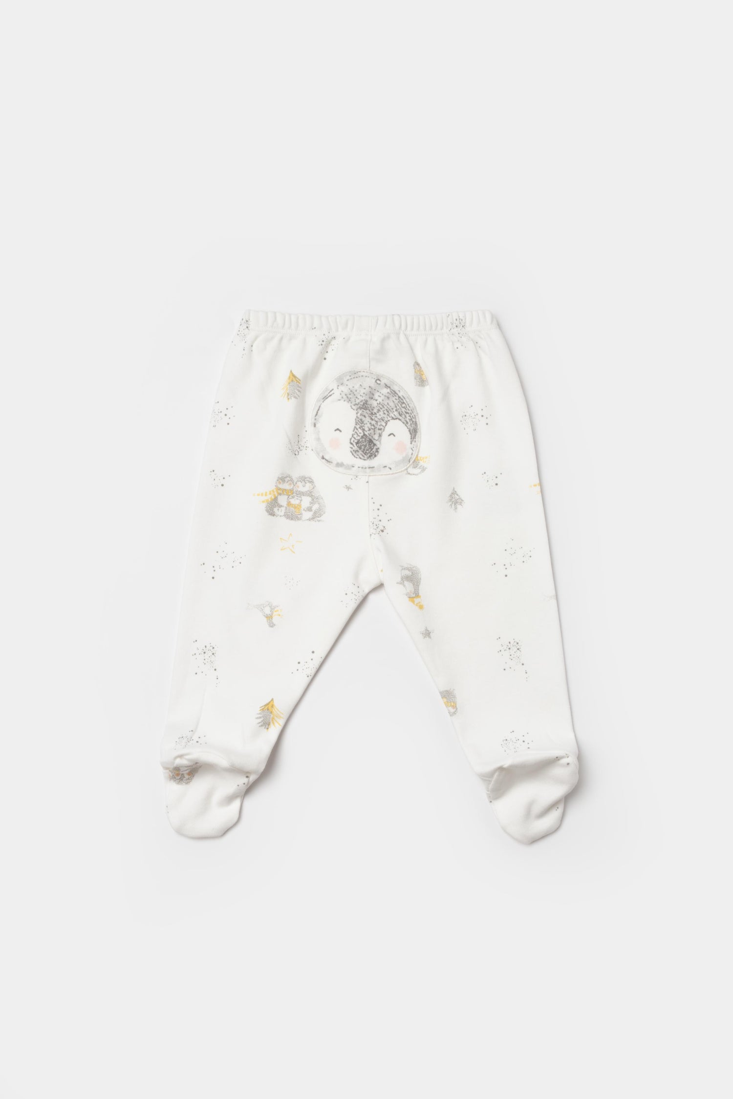 GOTS sertifikalı, organik pamuklu Penguin Club temalı unisex patikli tek alt – 0-12 ay arası bebekler için yumuşak, rahat ve doğal kumaşlı.