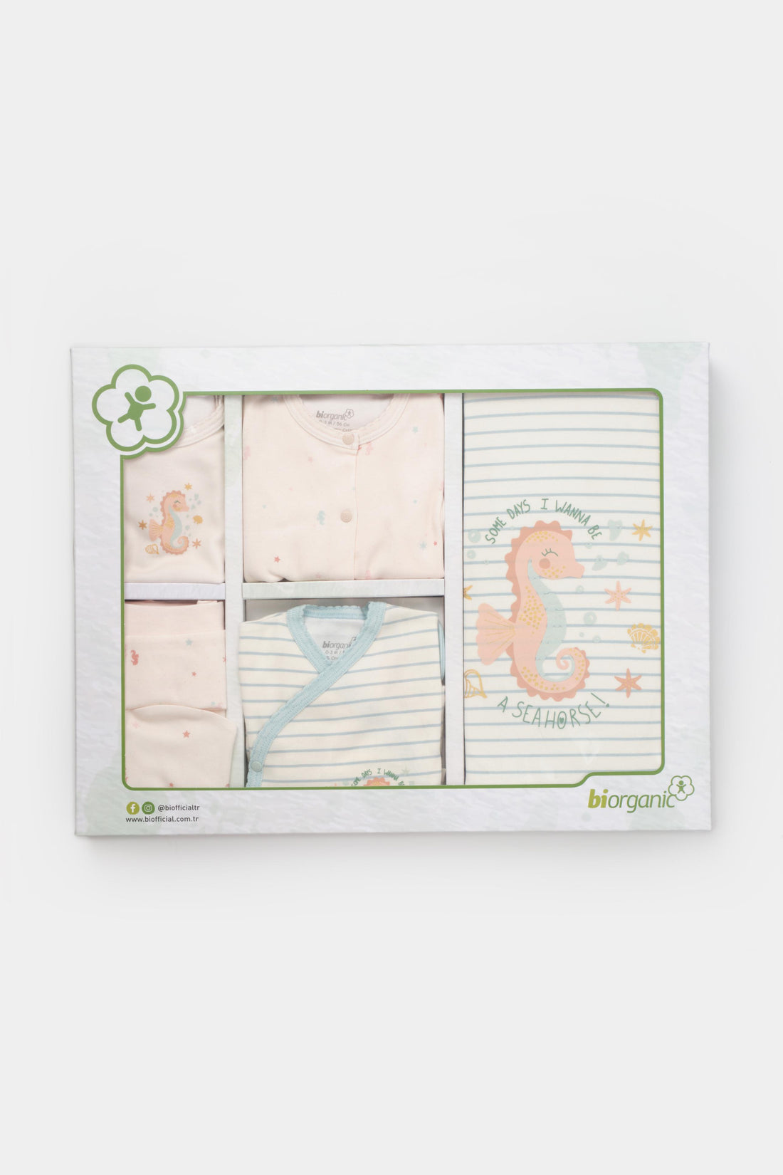 Özel  kutulu, GOTS sertifikalı, organik pamuklu Save the Seahorse temalı unisex 10’lu hastane çıkışı takımı – tulum, body, şapka, eldiven, battaniye ve daha fazlasını içerir