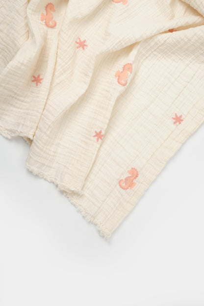 GOTS sertifikalı, organik pamuklu Save the Seahorse temalı 110x110 cm müslin jakarlı battaniye ve çok amaçlı örtü – bebek arabası örtüsü, omuz bezi veya kundak olarak kullanılabilir.