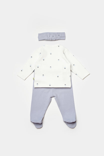 GOTS sertifikalı, organik pamuklu, love floral desenli kız bebek 3’lü takım – 0-6 ay arası için body, alt ves aç bandından  oluşur.