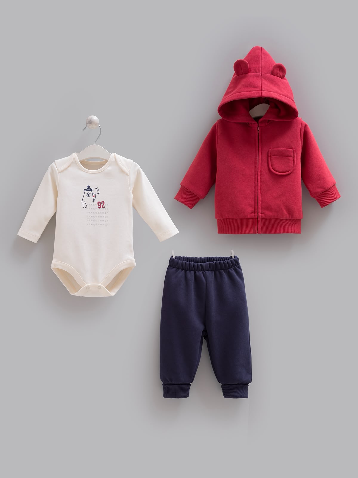 Pamuklu, Kapüşonlu, 3’lü Unisex Bebek Takım, Yenidoğan, 1–9 Ay