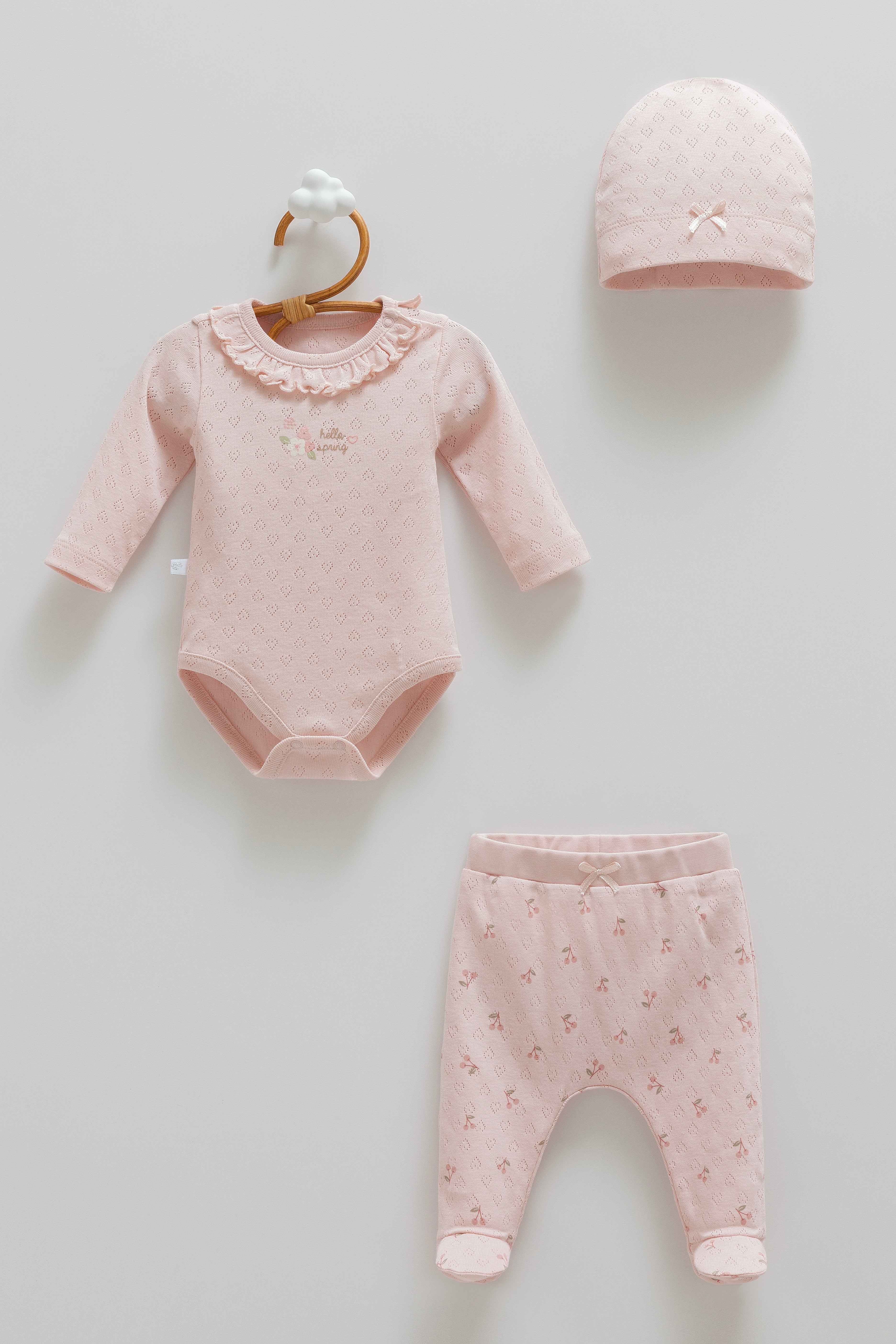 OEKO-TEX, %100 Pamuk, Jakarlı 3’lü Kız Bebek Takımı, Yenidoğan, 0-9 Ay