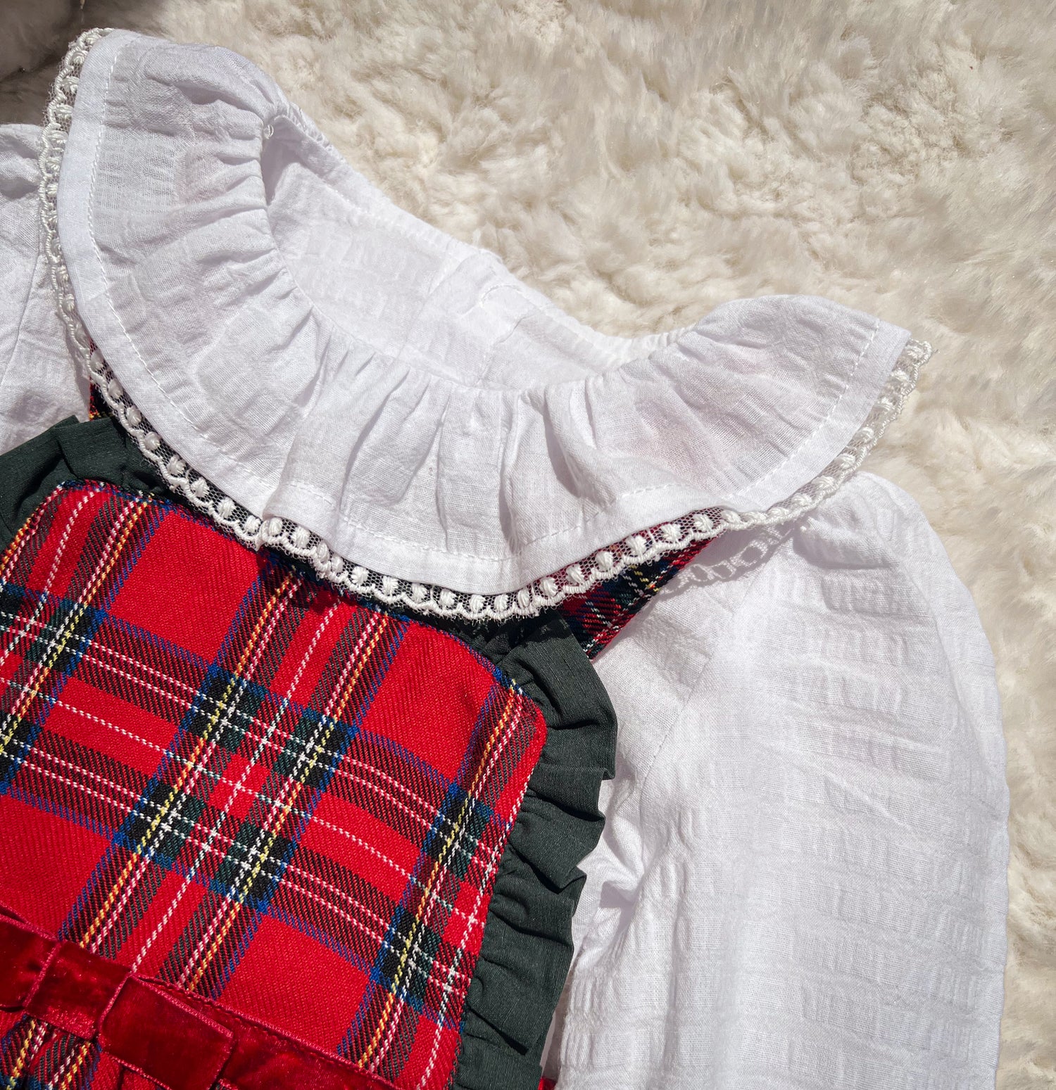 Yılbaşı, Ekose Desenli Elbise Tulum – Uzun Kollu, Fırfır Yakalı Kız Çocuk, 6-24 AY