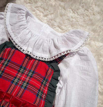 Yılbaşı, Ekose Desenli Elbise Tulum – Uzun Kollu, Fırfır Yakalı Kız Çocuk, 6-24 AY