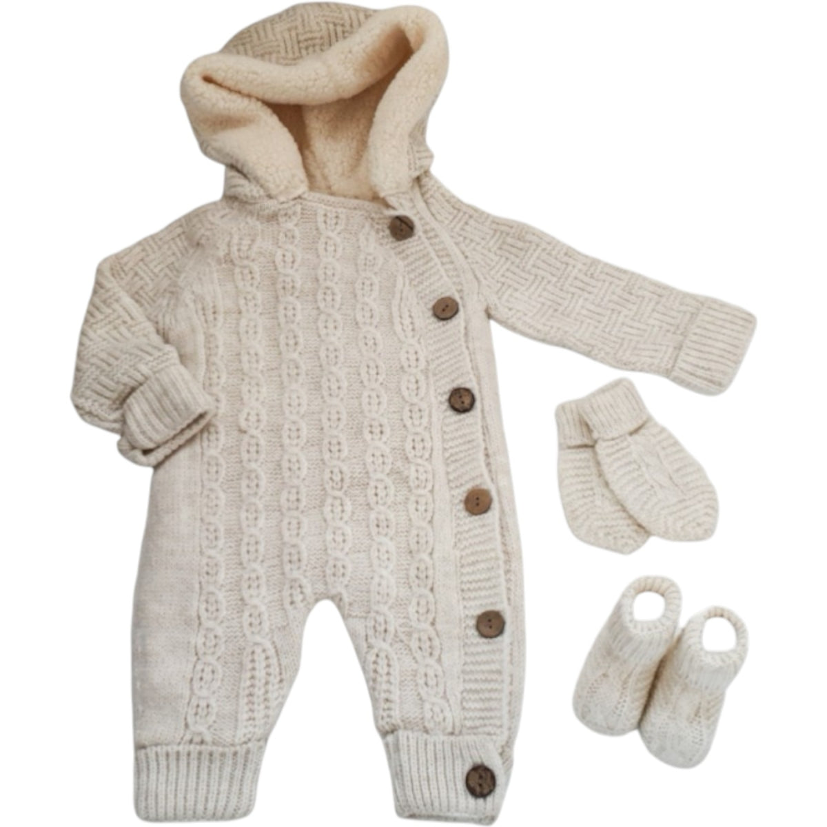 Square Patterned Winter Knitted Overalls, Booties and Gloves Set, Unisex, 3-18 Months