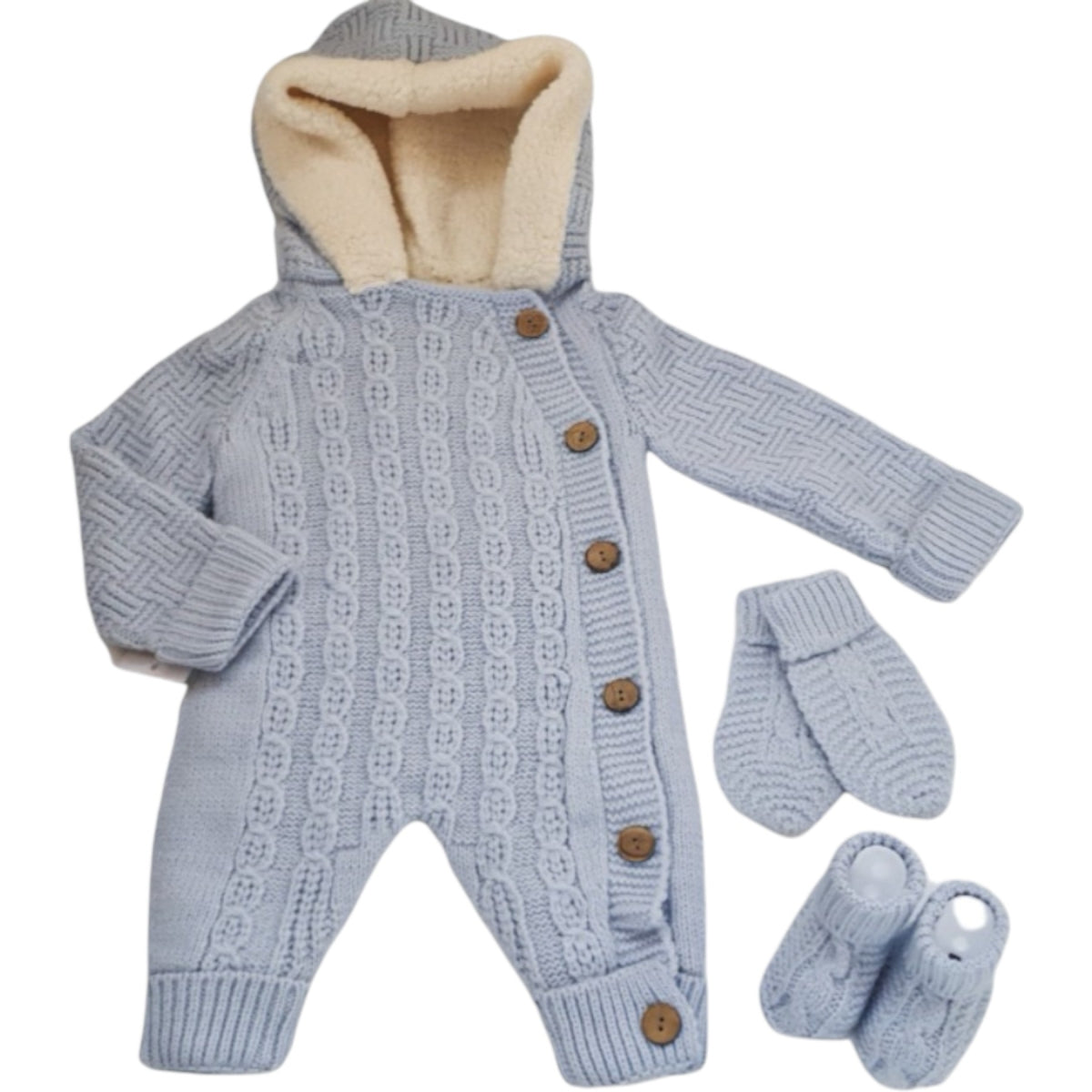 Square Patterned Winter Knitted Overalls, Booties and Gloves Set, Unisex, 3-18 Months