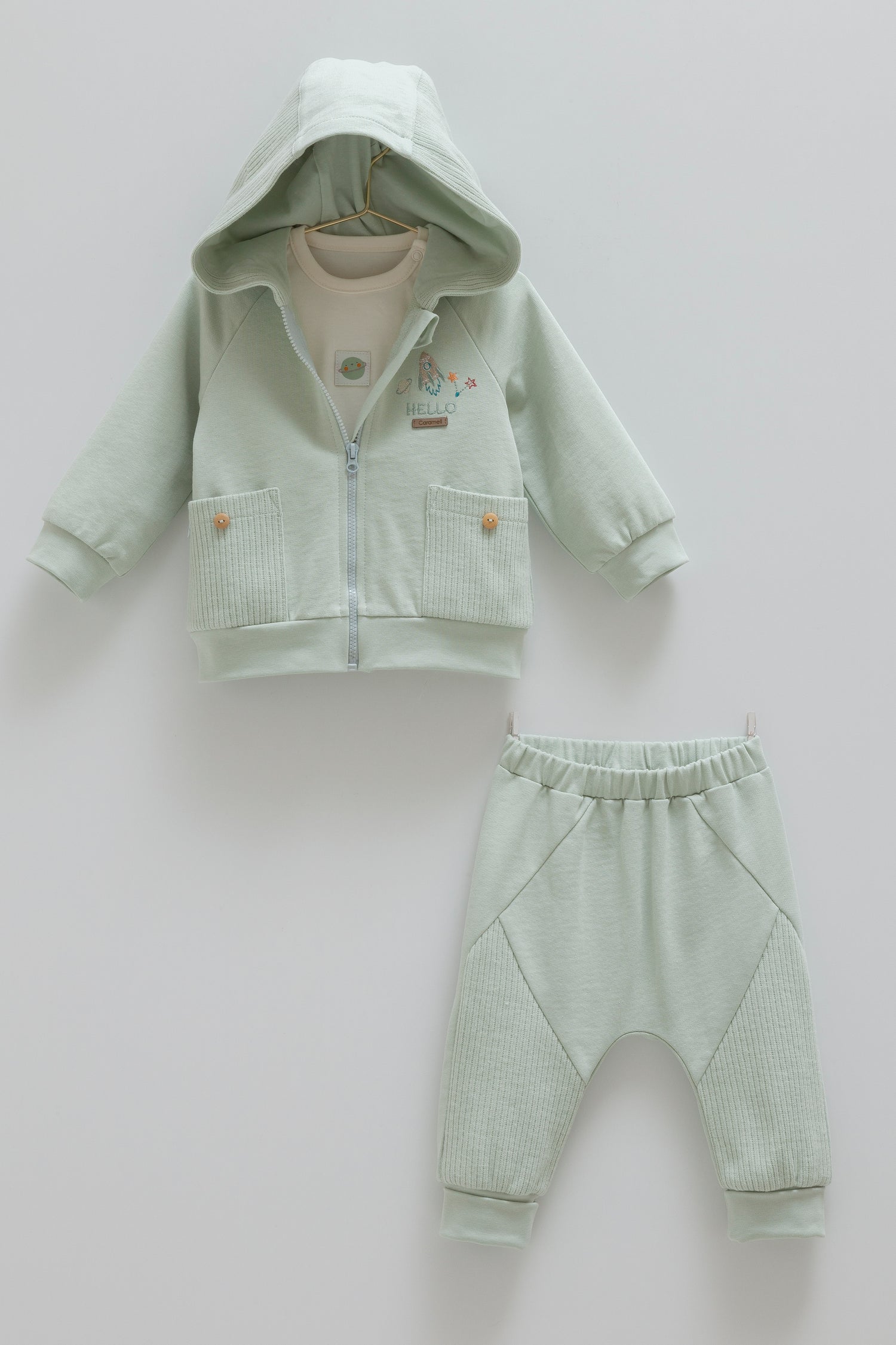 OEKO TEX Sertifikalı, %100 Pamuklu, Erkek, Kapüşonlu 3’lü Bebek Takım , 3–18 Ay