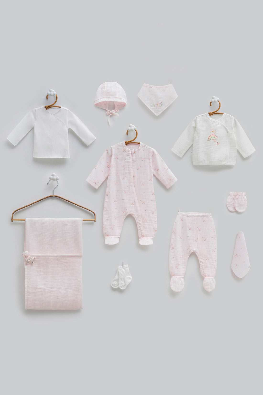 OEKO-TEX, %100 Pamuk, Müslin Kız 10’lu Hastane Çıkışı, Yenidoğan, 0-3 Ay