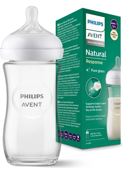 Philips Avent Natural Response Glass Bottle 1 Month+ 240 ml, Responsive Bottle Nipple SCY933/01 (Anti-colic)