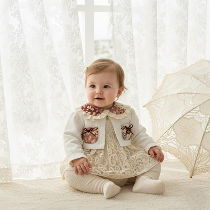 Dantel Detaylı 2’li Kız Bebek Takımı – Hırka + Dantel Elbise Body , 3–18 Ay