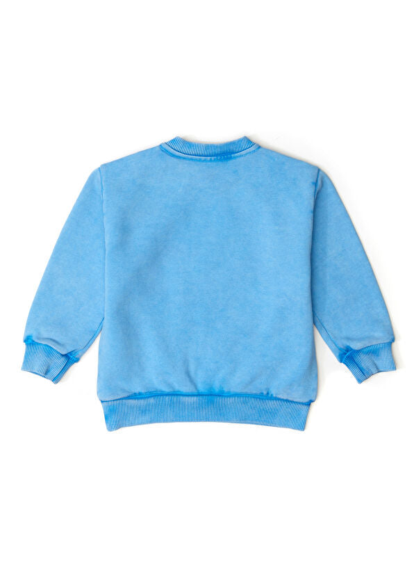 Mavi-beyaz renklerde, modern lüks stil ilhamlı logolu erkek çocuk sweatshirt – 9-12 ay için uygun, rahat ve dikkat çekici tasarım.